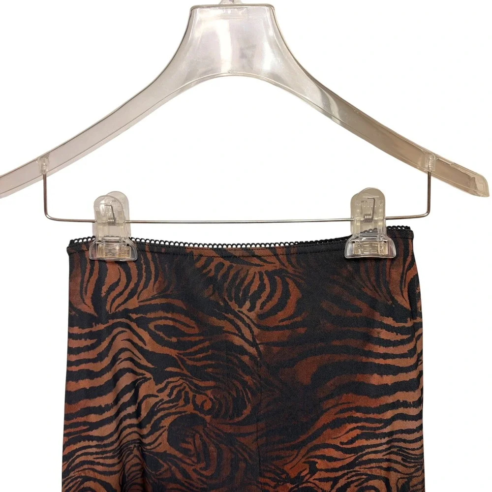 Brown Tiger Print Mesh Midi Skirt Asymmetrical Lettuce Hem Side Slit Bow Trim